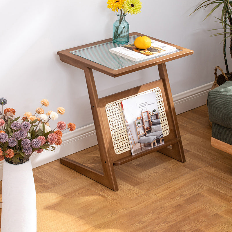 Stunning Natural Wood End Table  with Intricate Bamboo and Rattan Weaving - Reeded Glass Top in Elegant Brown Grey hsl-84