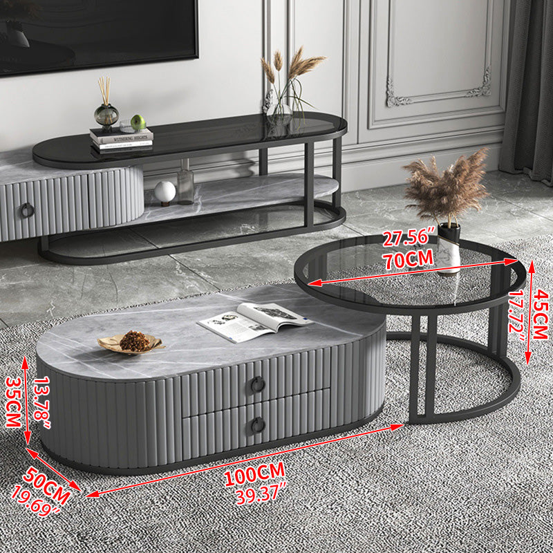 2-Pieces Oval Coffee Table and Round Side Table with Storage- Modern Design for LIvingroom frg-503