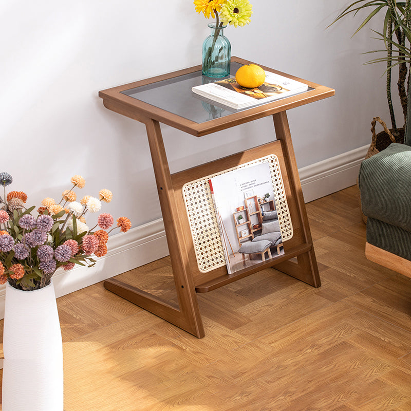 Stunning Natural Wood End Table  with Intricate Bamboo and Rattan Weaving - Reeded Glass Top in Elegant Brown Grey hsl-84