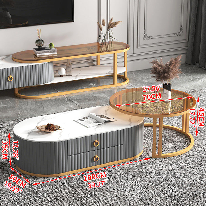 2-Pieces Oval Coffee Table and Round Side Table with Storage- Modern Design for LIvingroom frg-503