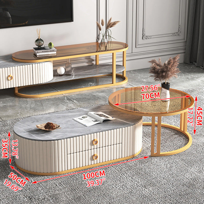 2-Pieces Oval Coffee Table and Round Side Table with Storage- Modern Design for LIvingroom frg-503