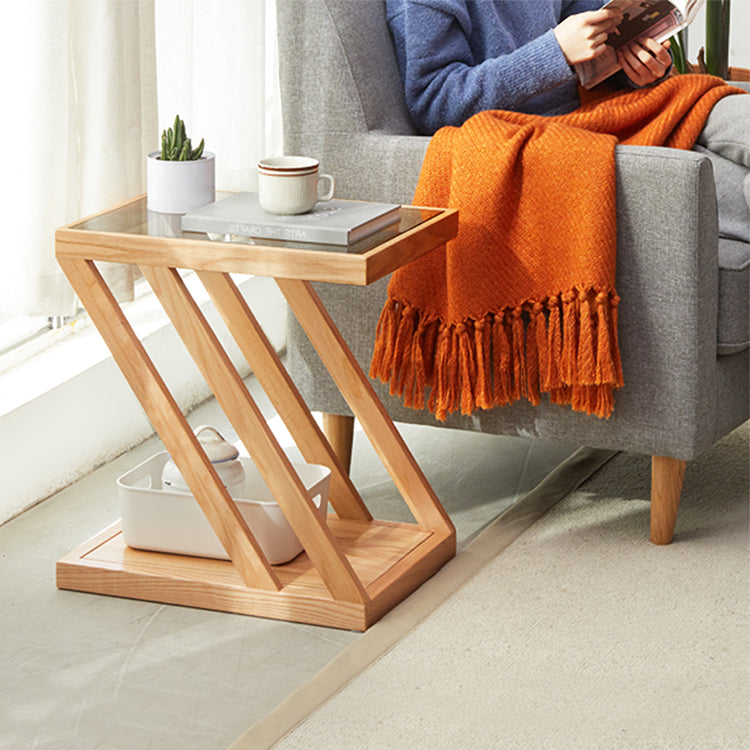 Stylish Z-Shape Oak Wood Side Table with Glass Top - Functional Design for All Your Rooms W0497