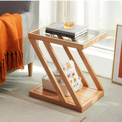 Stylish Z-Shape Oak Wood Side Table with Glass Top - Functional Design for All Your Rooms W0497