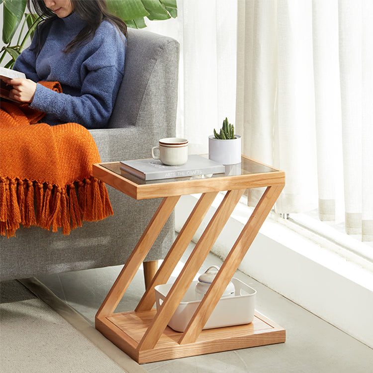 Stylish Z-Shape Oak Wood Side Table with Glass Top - Functional Design for All Your Rooms W0497