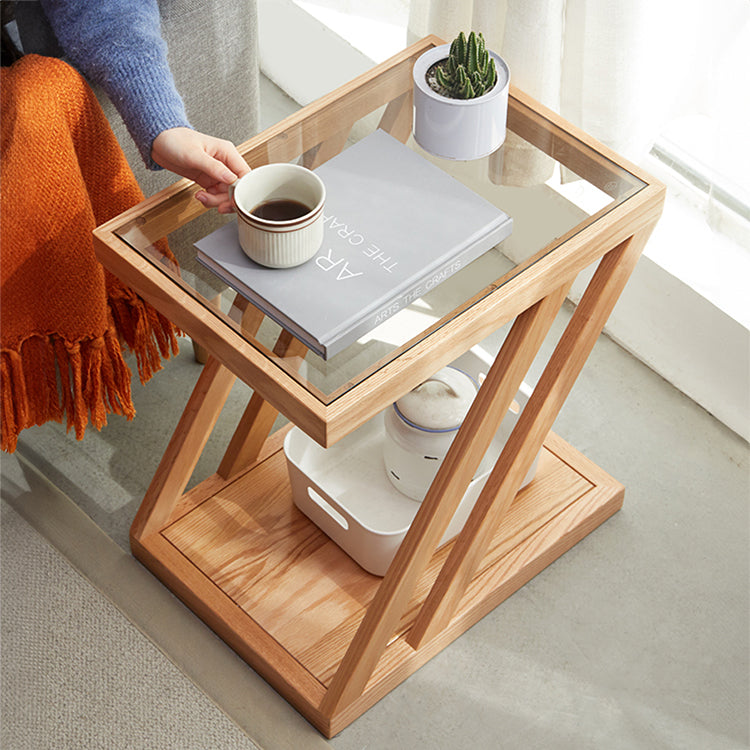 Stylish Z-Shape Oak Wood Side Table with Glass Top - Functional Design for All Your Rooms W0497