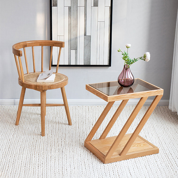 Stylish Z-Shape Oak Wood Side Table with Glass Top - Functional Design for All Your Rooms W0497