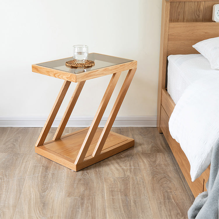 Stylish Z-Shape Oak Wood Side Table with Glass Top - Functional Design for All Your Rooms W0497