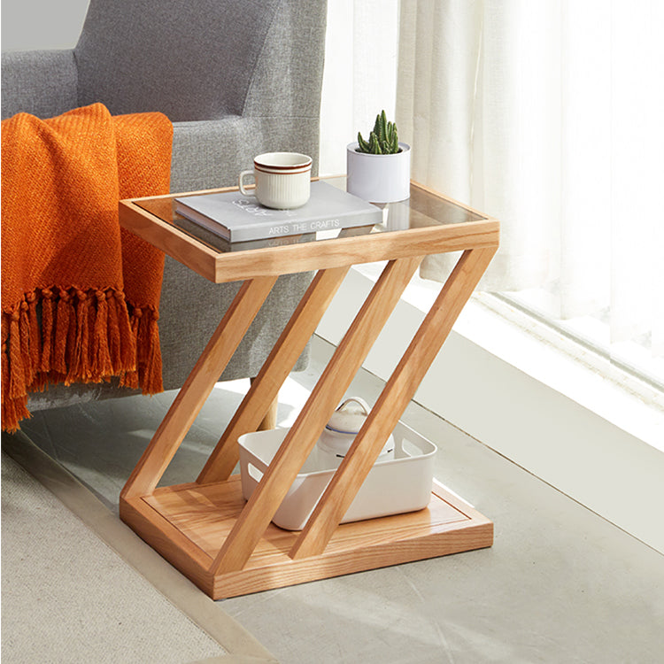 Stylish Z-Shape Oak Wood Side Table with Glass Top - Functional Design for All Your Rooms W0497