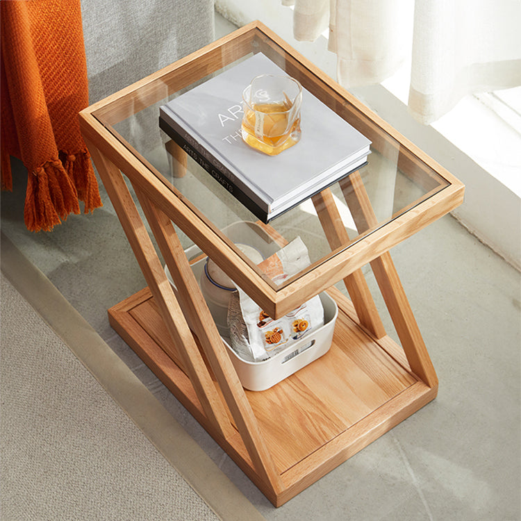 Stylish Z-Shape Oak Wood Side Table with Glass Top - Functional Design for All Your Rooms W0497