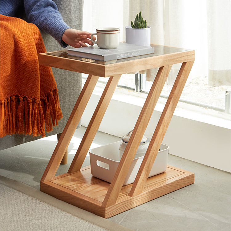 Stylish Z-Shape Oak Wood Side Table with Glass Top - Functional Design for All Your Rooms W0497