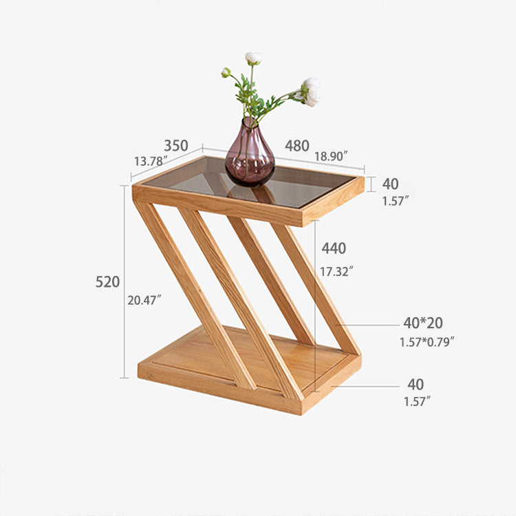 Stylish Z-Shape Oak Wood Side Table with Glass Top - Functional Design for All Your Rooms W0497