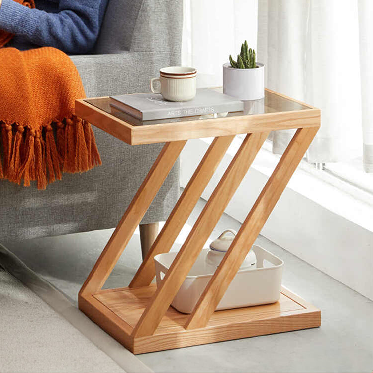 Stylish Z-Shape Oak Wood Side Table with Glass Top - Functional Design for All Your Rooms W0497