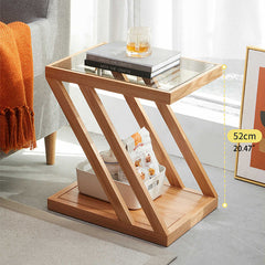 Stylish Z-Shape Oak Wood Side Table with Glass Top - Functional Design for All Your Rooms W0497