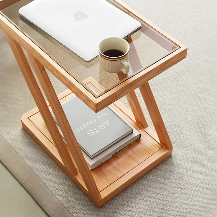 Stylish Z-Shape Oak Wood Side Table with Glass Top - Functional Design for All Your Rooms W0497