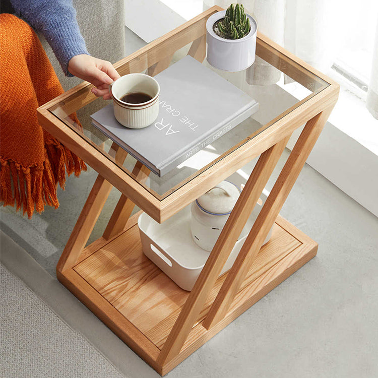 Stylish Z-Shape Oak Wood Side Table with Glass Top - Functional Design for All Your Rooms W0497