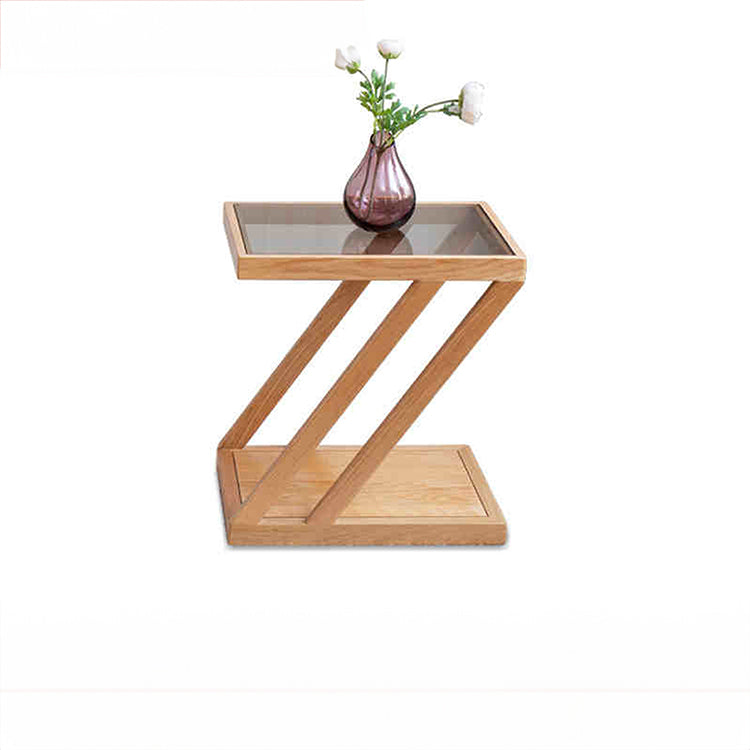 Stylish Z-Shape Oak Wood Side Table with Glass Top - Functional Design for All Your Rooms W0497