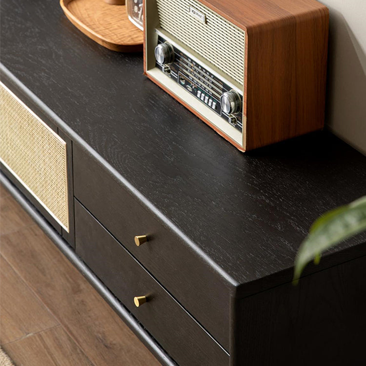 Modern Oak Wood TV Stand with Rattan Drawers for Storage - Stylish Design for Living Room X49N03