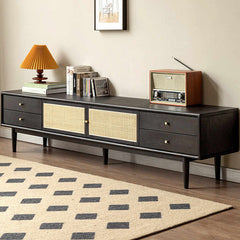 Modern Oak Wood TV Stand with Rattan Drawers for Storage - Stylish Design for Living Room X49N03