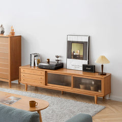 Modern Cherry Wood TV Stand with Glass Doors and Drawers for Storage - Perfect for Living Room Y164N01