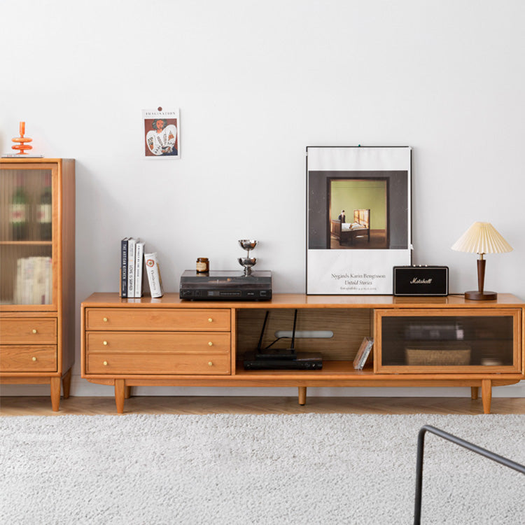 Modern Cherry Wood TV Stand with Glass Doors and Drawers for Storage - Perfect for Living Room Y164N01