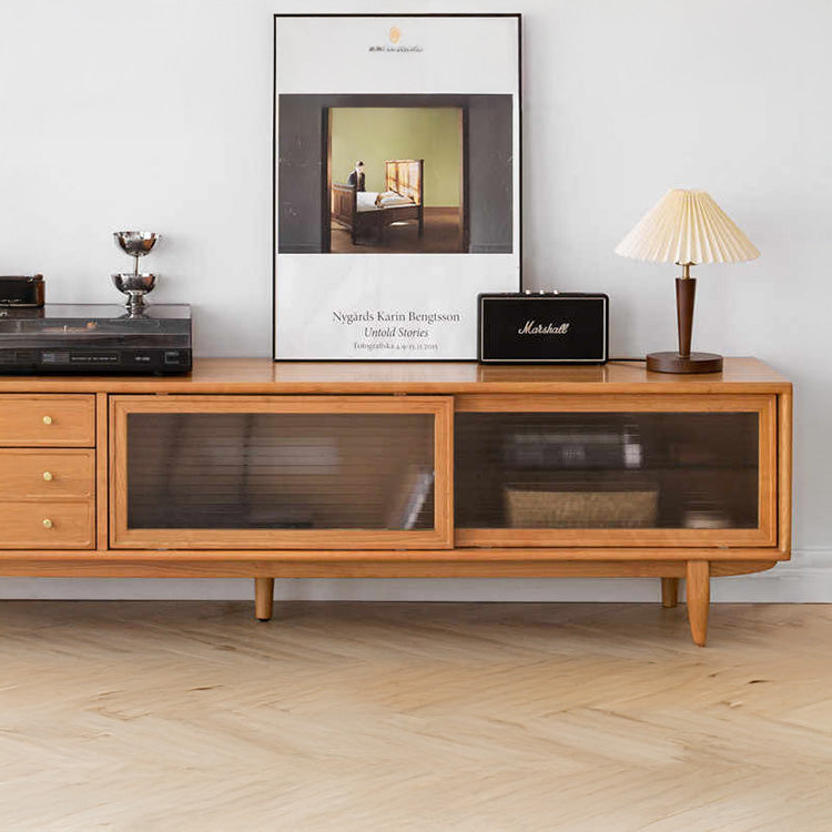 Modern Cherry Wood TV Stand with Glass Doors and Drawers for Storage - Perfect for Living Room Y164N01