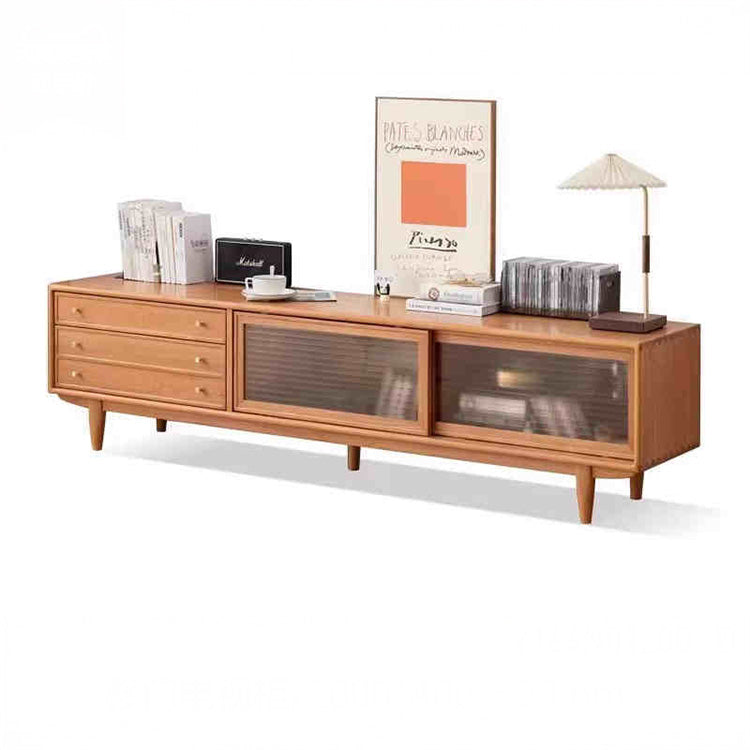 Modern Cherry Wood TV Stand with Glass Doors and Drawers for Storage - Perfect for Living Room Y164N01