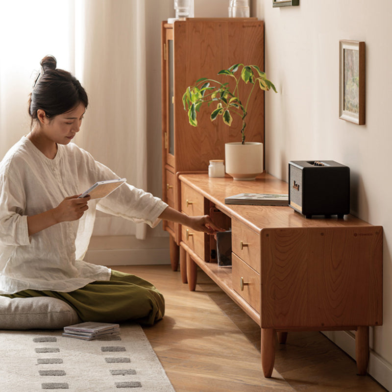 Elegant Cherry Wood TV Stand with Glass Doors for Modern Living Rooms Y17N01