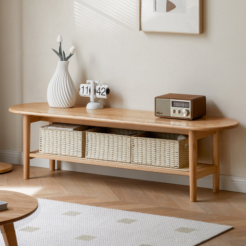 Oak Wood TV Stand with Rattan Storage Shelves Y49N05