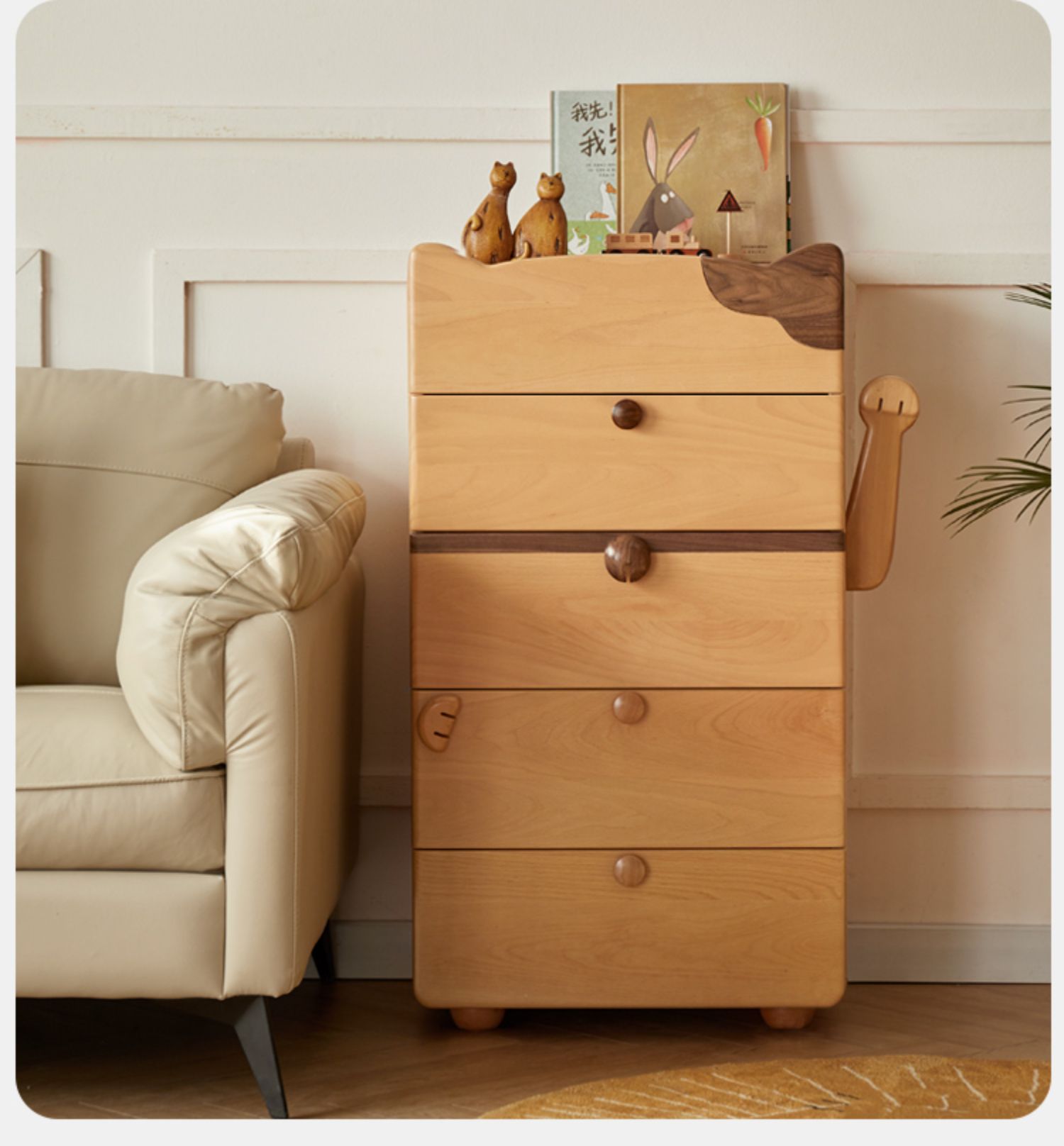 Cute Beech Wood Cat Like 5-Drawer Cabinet for Storage - Perfect for Kids' Rooms Y51F03