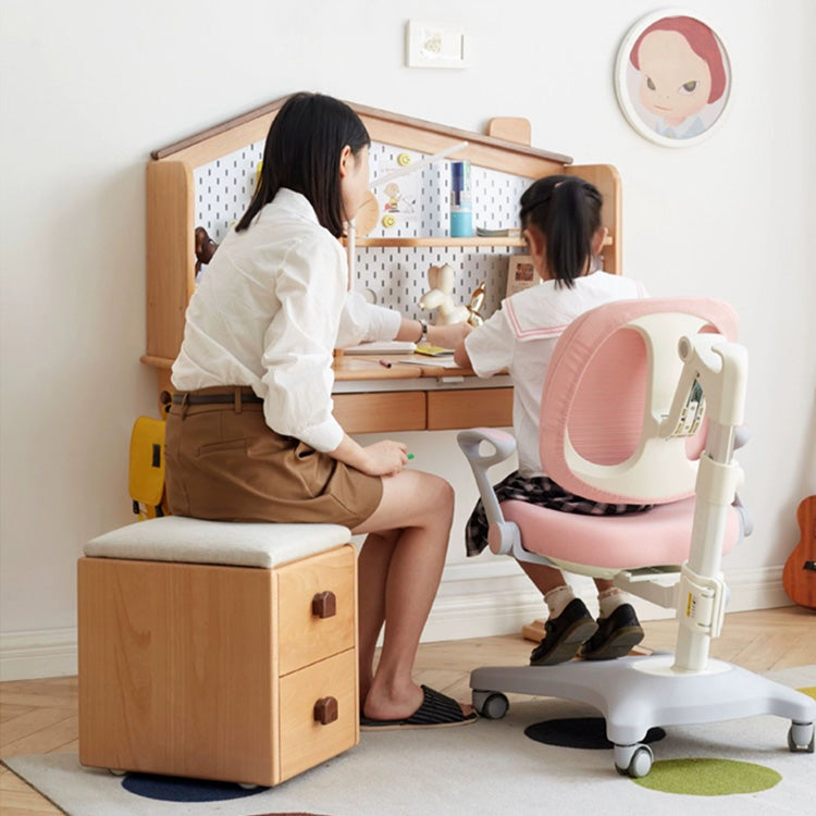 Functional Beech Wood Stool with Storage Drawers for Kids' Study Room Y55T01