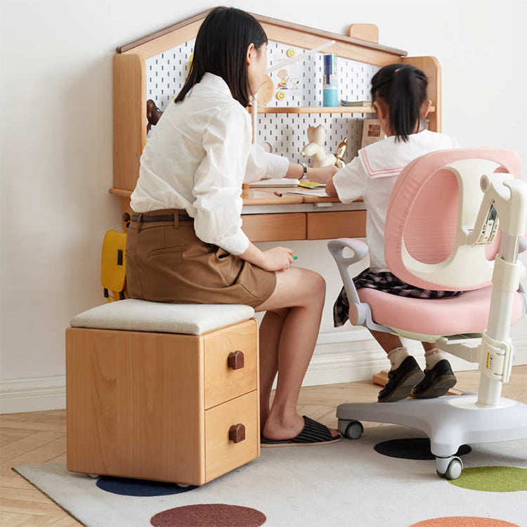 Functional Beech Wood Stool with Storage Drawers for Kids' Study Room Y55T01