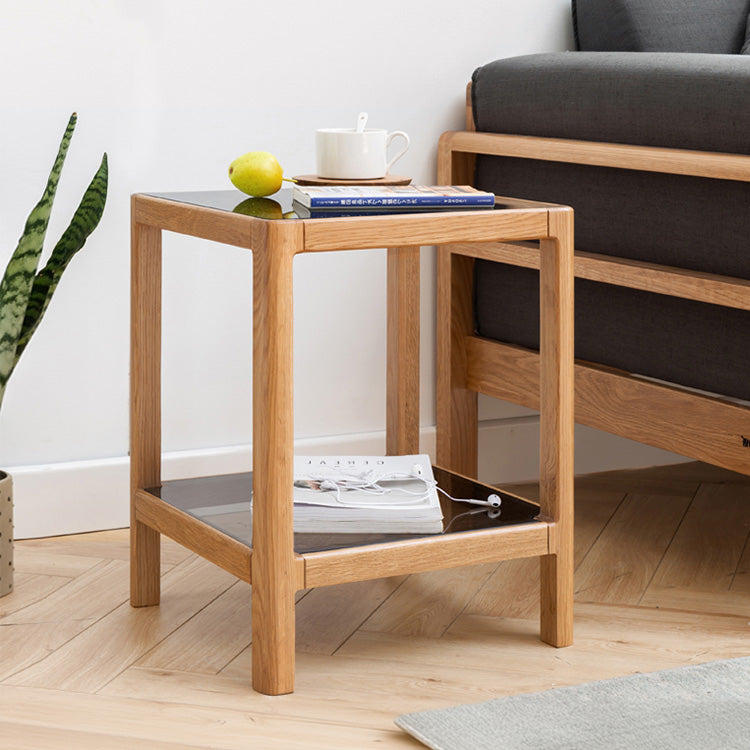 Modern Square Oak Wood Side Table with Glass Top & Two-Tier for Storage Y90J04