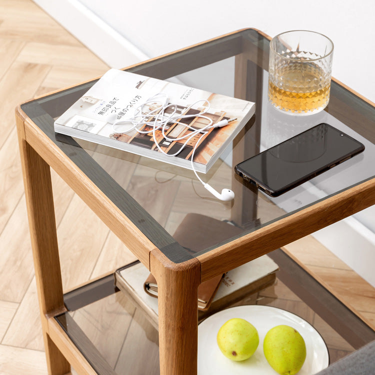 Modern Square Oak Wood Side Table with Glass Top & Two-Tier for Storage Y90J04