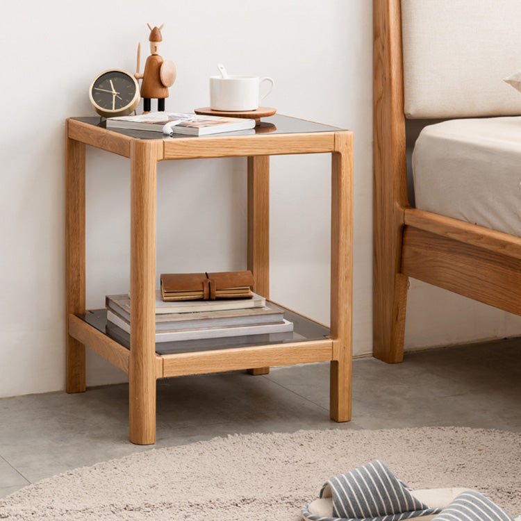 Modern Square Oak Wood Side Table with Glass Top & Two-Tier for Storage Y90J04