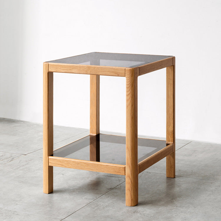 Modern Square Oak Wood Side Table with Glass Top & Two-Tier for Storage Y90J04