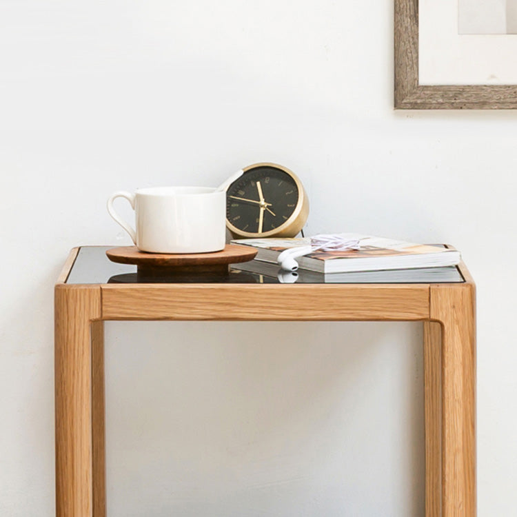 Modern Square Oak Wood Side Table with Glass Top & Two-Tier for Storage Y90J04