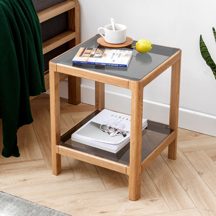 Modern Square Oak Wood Side Table with Glass Top & Two-Tier for Storage Y90J04