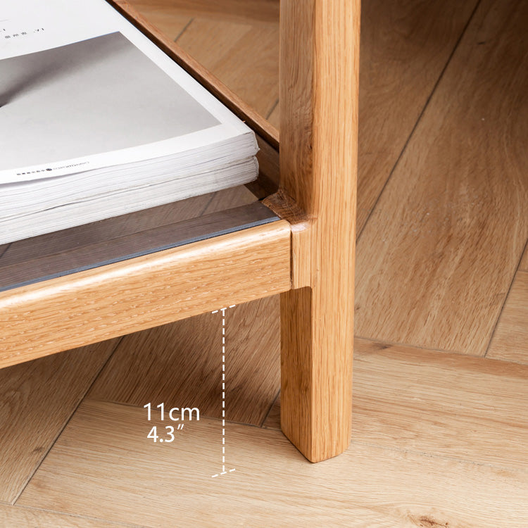 Modern Square Oak Wood Side Table with Glass Top & Two-Tier for Storage Y90J04