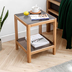 Modern Square Oak Wood Side Table with Glass Top & Two-Tier for Storage Y90J04