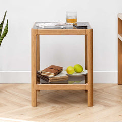 Modern Square Oak Wood Side Table with Glass Top & Two-Tier for Storage Y90J04