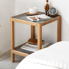 Modern Square Oak Wood Side Table with Glass Top & Two-Tier for Storage Y90J04