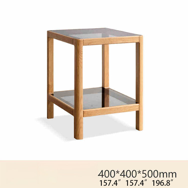 Modern Square Oak Wood Side Table with Glass Top & Two-Tier for Storage Y90J04