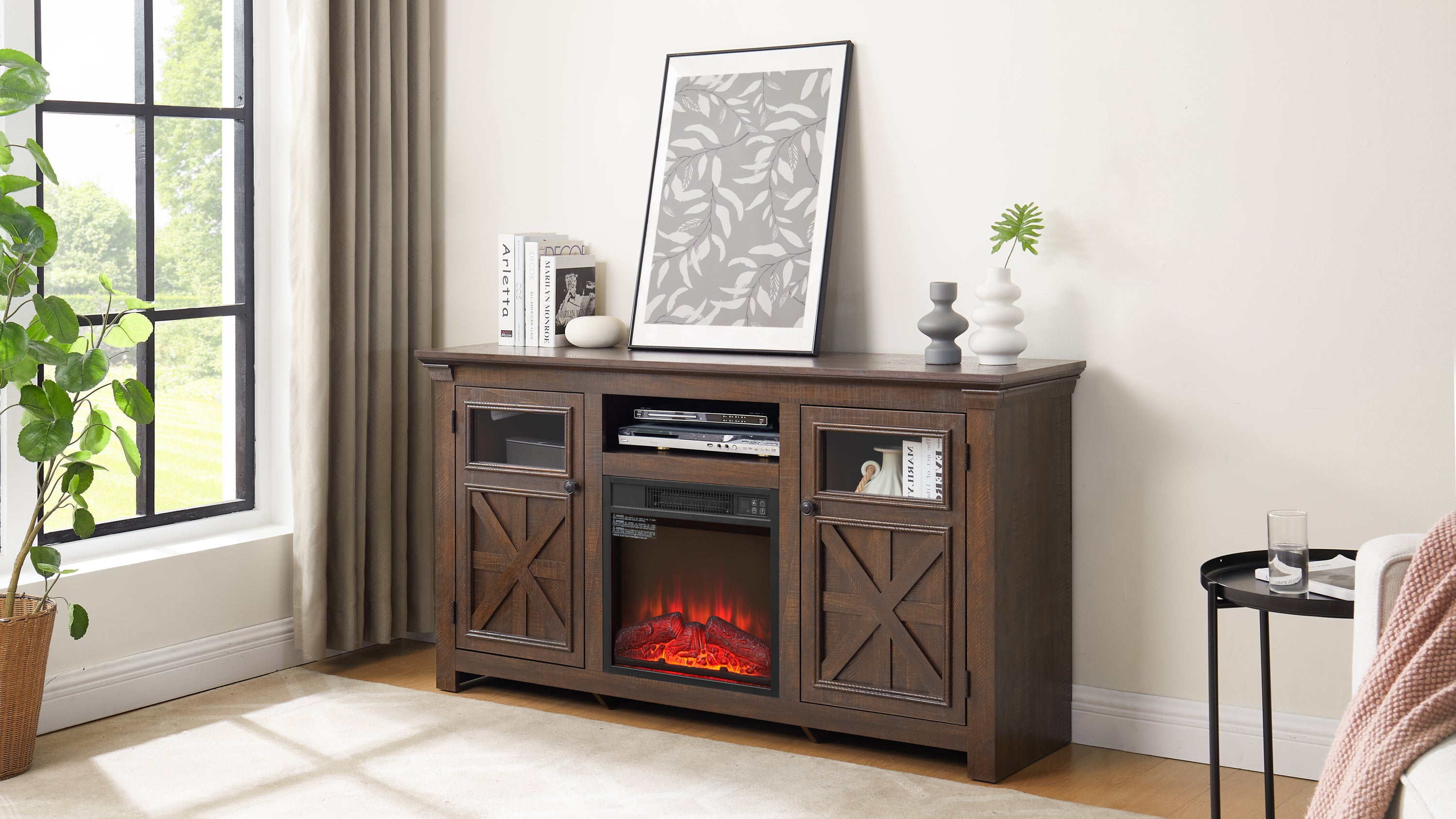 Farmhouse TV Stand with 2 Doors, Barn Design, Large Media Console with 18" Electric Fireplace Insert, Dark Brown