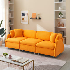 95.3" Orange Teddy Fleece Sofa With Two Throw Pillows - Spacious 3 Seat Sofa for Living Room