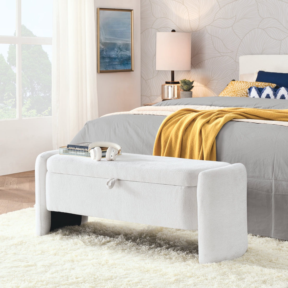 Oval Chenille Storage Ottoman Bench with Large Storage Space for Bedroom, White