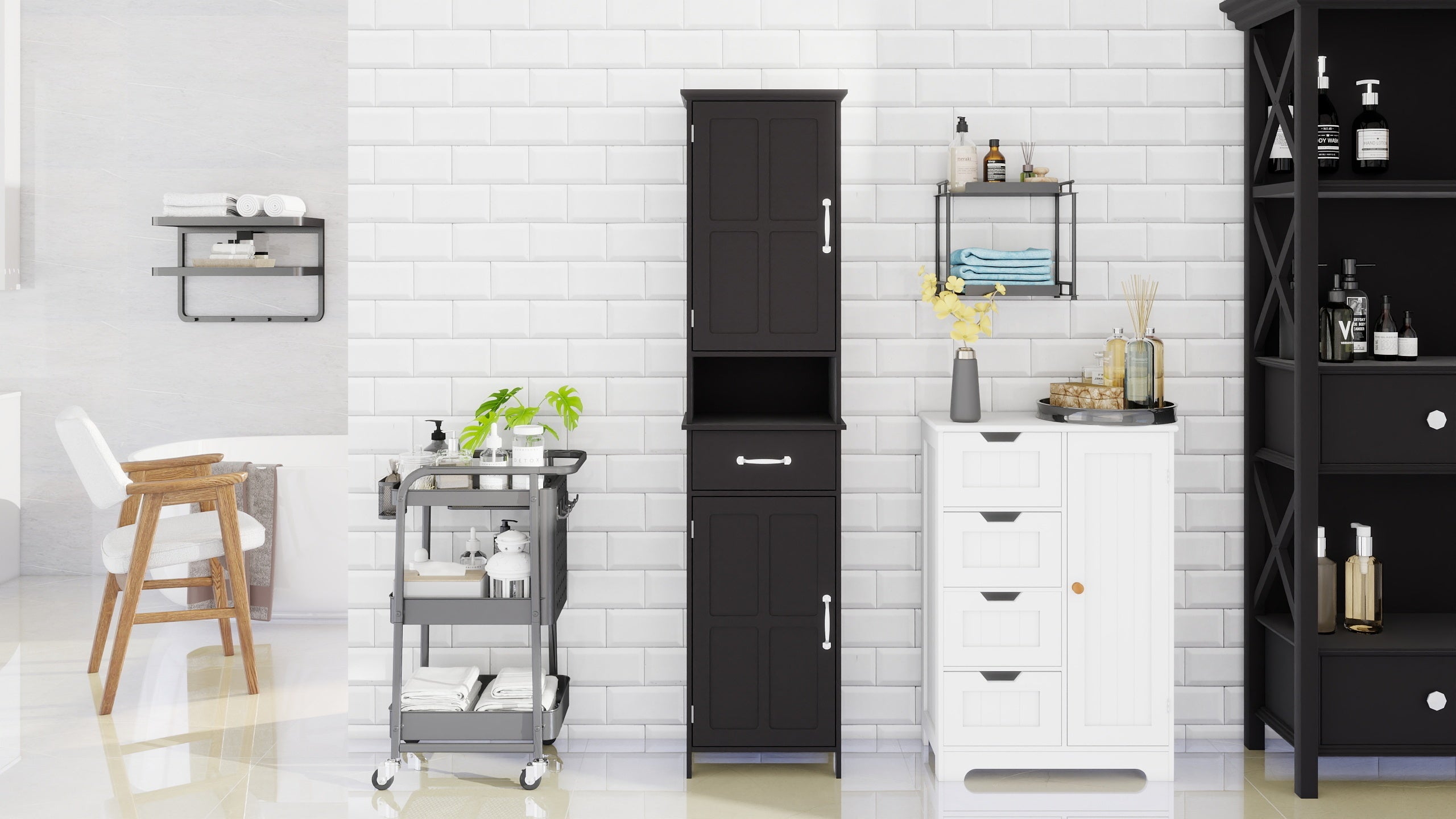 Double Door Narrow Height Slim Floor Standing Cabinet with 2 Adjustable Shelves-Black