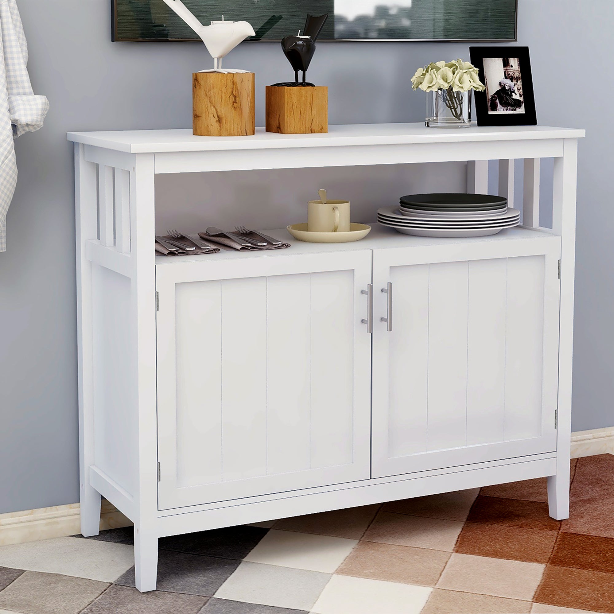 40" White MDF Sideboard with Doors for Storage - Ideal Buffet Design for Dining Room