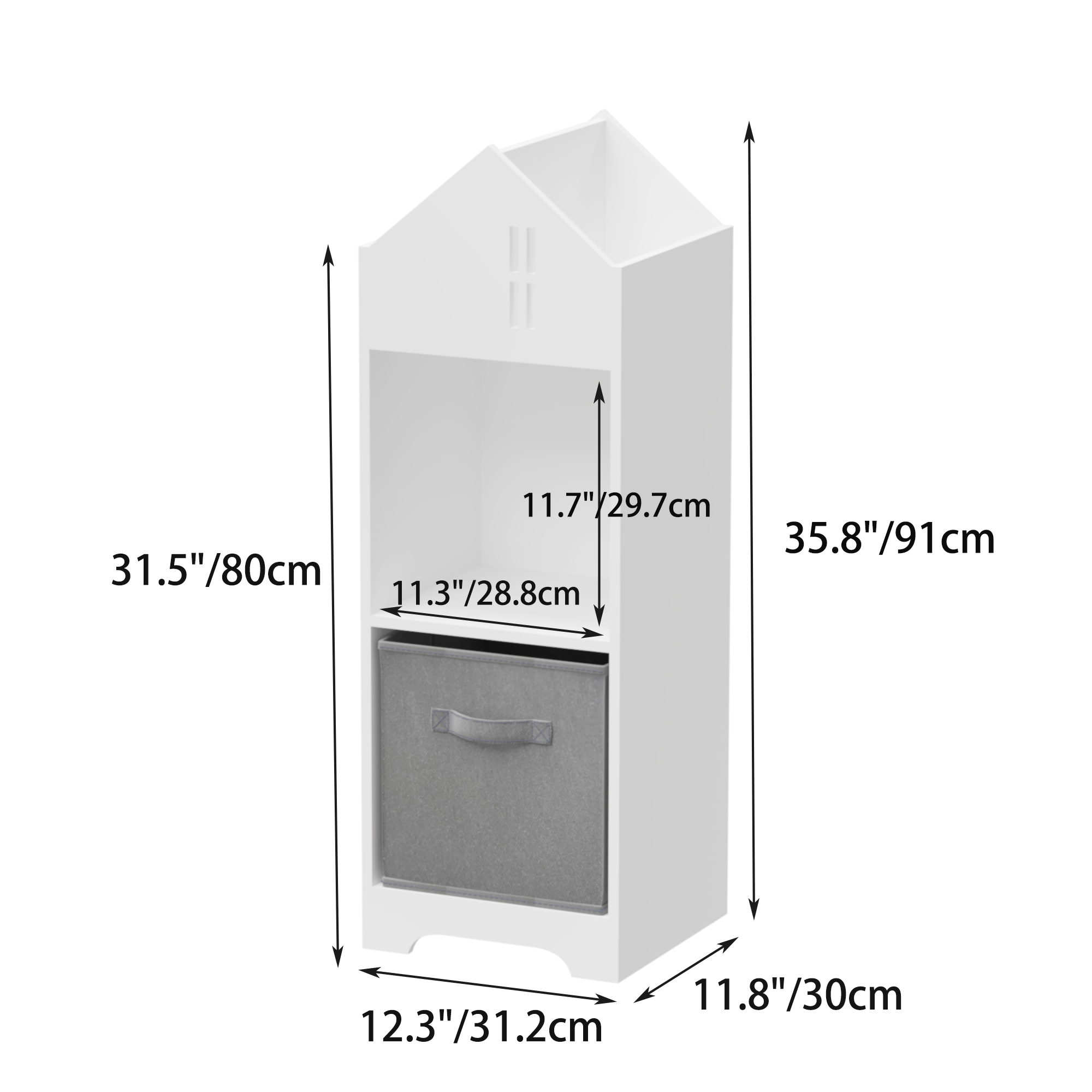 Kids Dollhouse Bookcase with Storage, 2-Tier Storage Display Organizer, Toddler Bookshelf with Collapsible Fabric Drawers for Bedroom or Playroom (White/Gray)