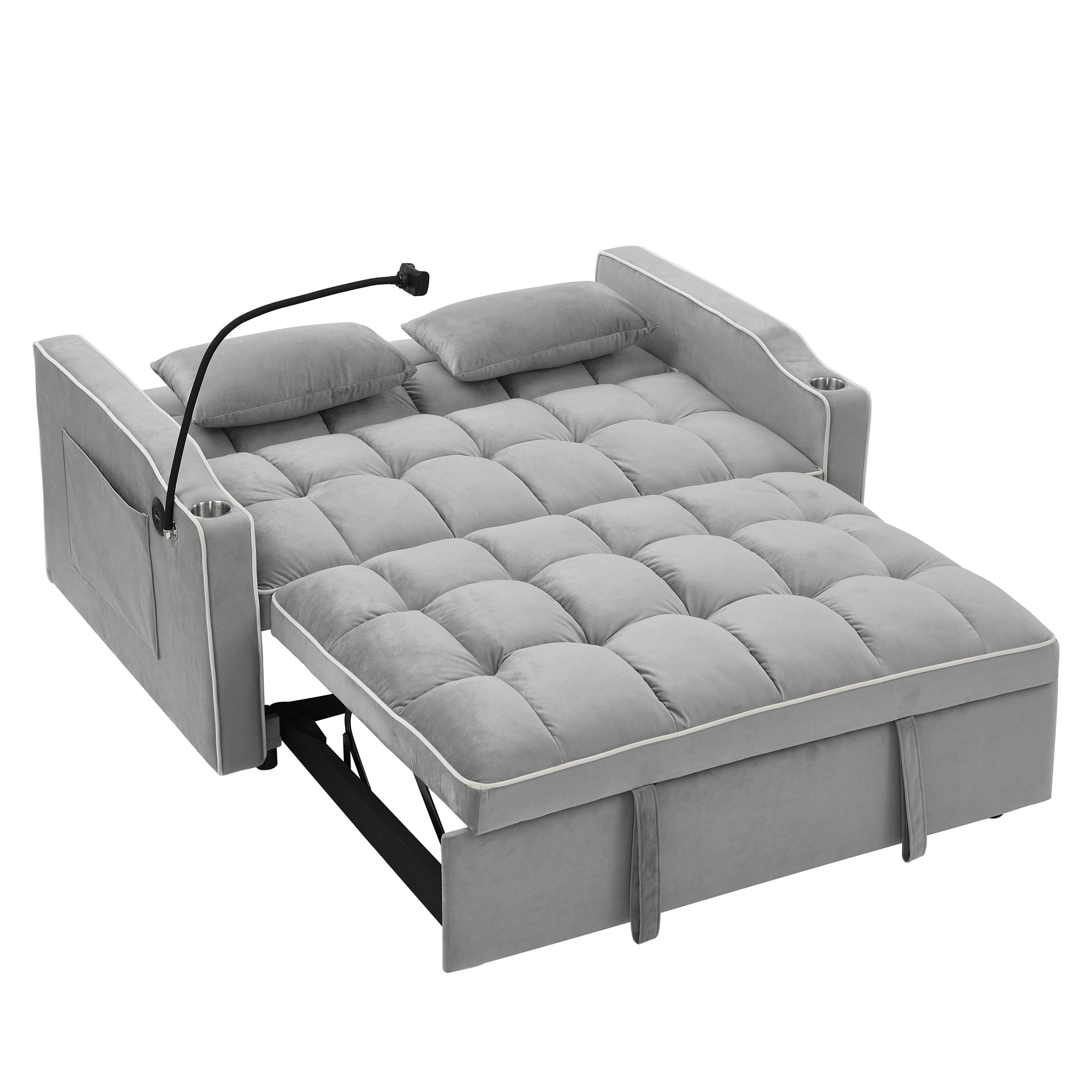 55.51" Foldable Velvet Sofa Bed with Adjustable Back, Pull-Out Design with USB Port, Ashtray, and Swivel Phone Stand, Gray