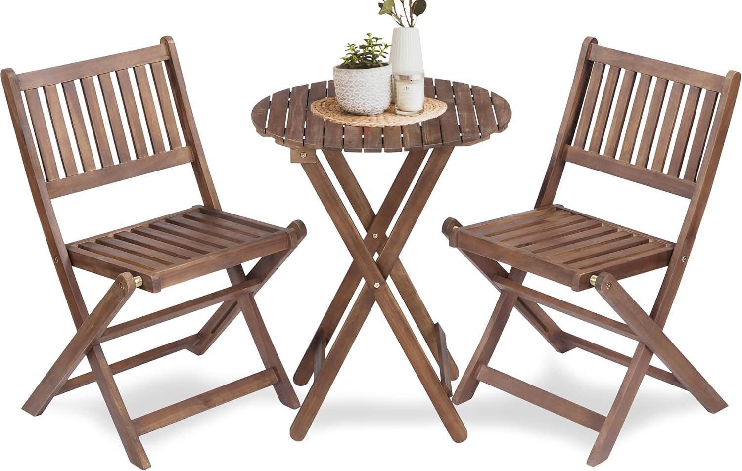 3-Piece Acacia Wood Bistro Set, Wooden Folding Patio Furniture for Garden Backyard Balcony Porch w/ 1 Coffee Table and 2 Foldable Chairs, Natural Stained